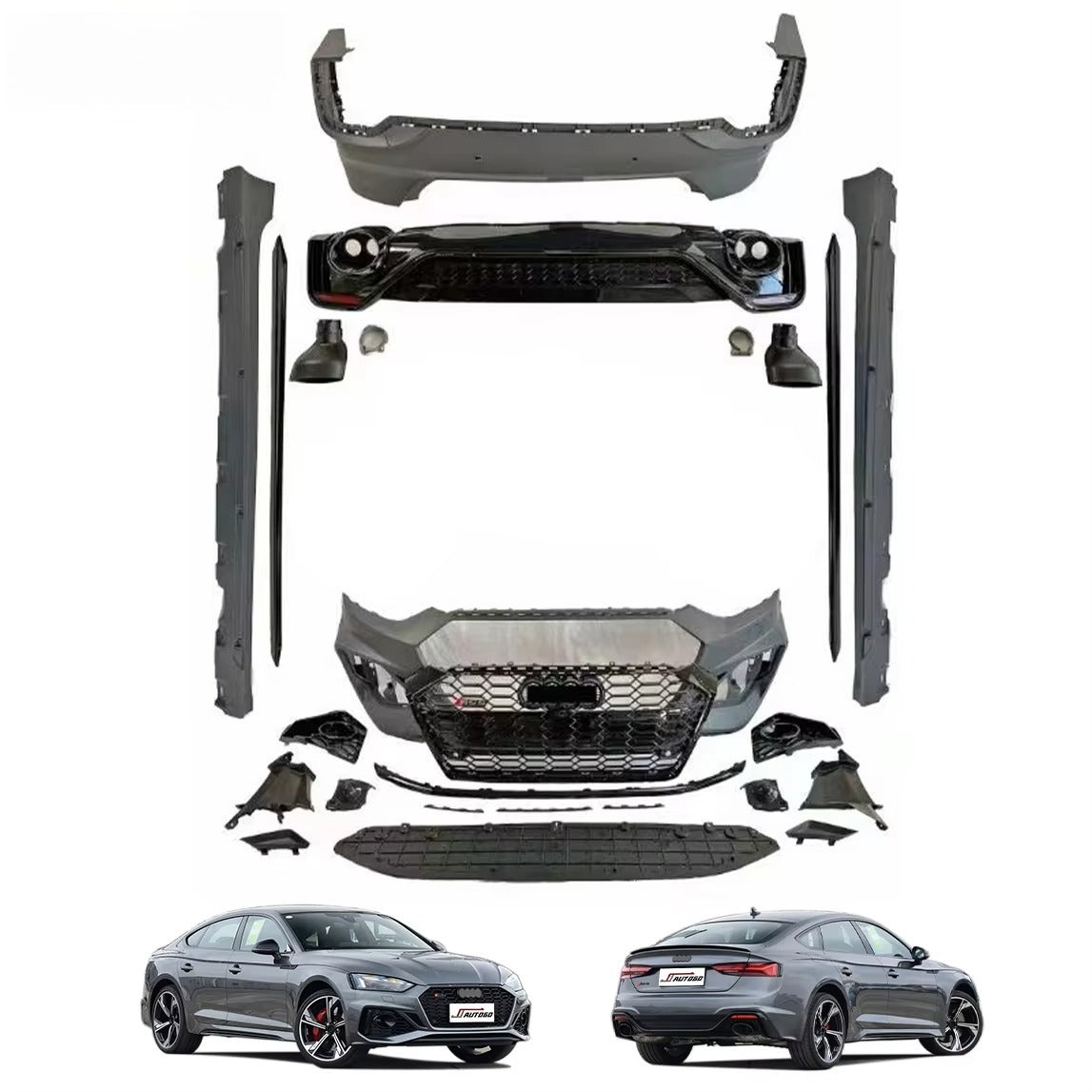 Auto Facelift Refit Body Kit for Audi A5 S5 B9.5 2021-2022 Update to Racing RS5 Honeycomb Style Front+Rear Bumper Assembly Skirt