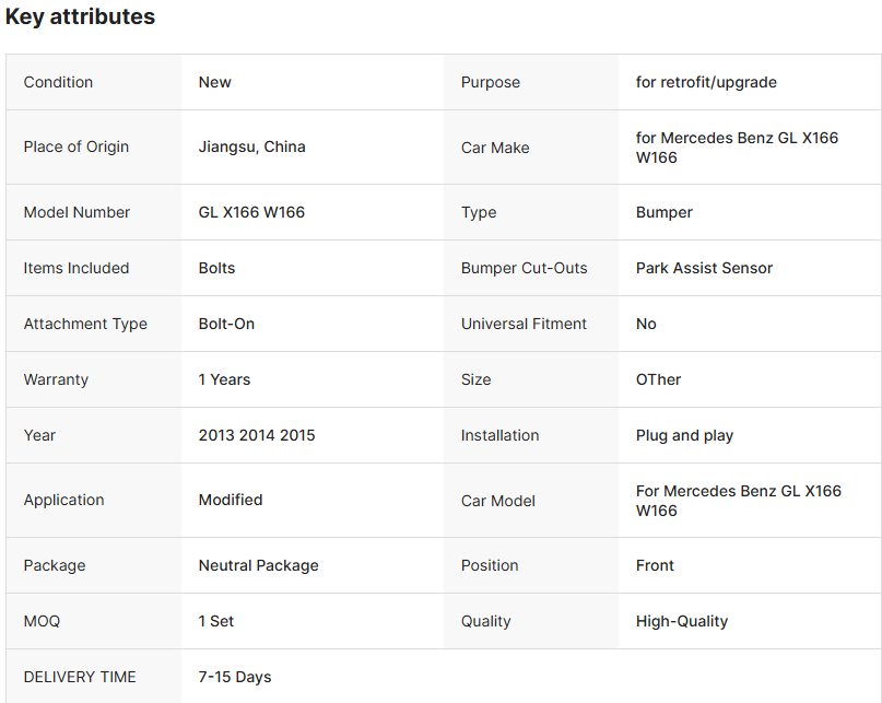 High Quality New 2013-2015 GL X166 Upgrade Front/Rear Bumper Hood Headlight Taillight Body Kit for GL-Class Plug Play